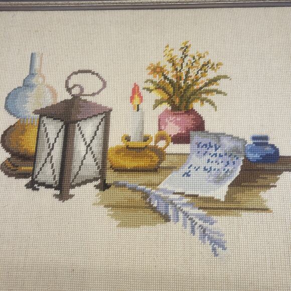 Rare Vintage Crewel Table Scape Art Handmade Embroidery Needlework Fine Detail - Picture 2 of 9